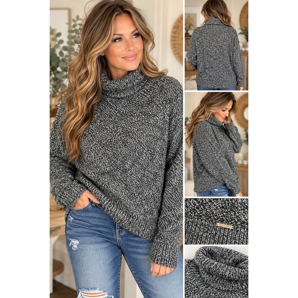Anne Klein Womens Marled Turtleneck Sweater Black White Knit Pullover Size M